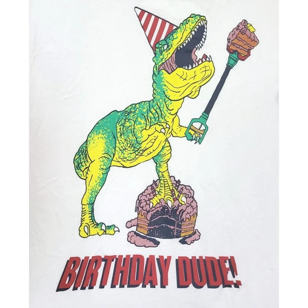 Childrens Place Boys White Birthday Dude Dinosaur Short Sleeve Graphic Tee XL 14